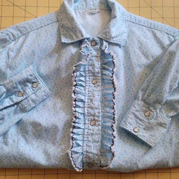 Vintage PRIOR Western Denver Snap Front Blue Floral Ruffled Shirt Bust 36" - Picture 4 of 9
